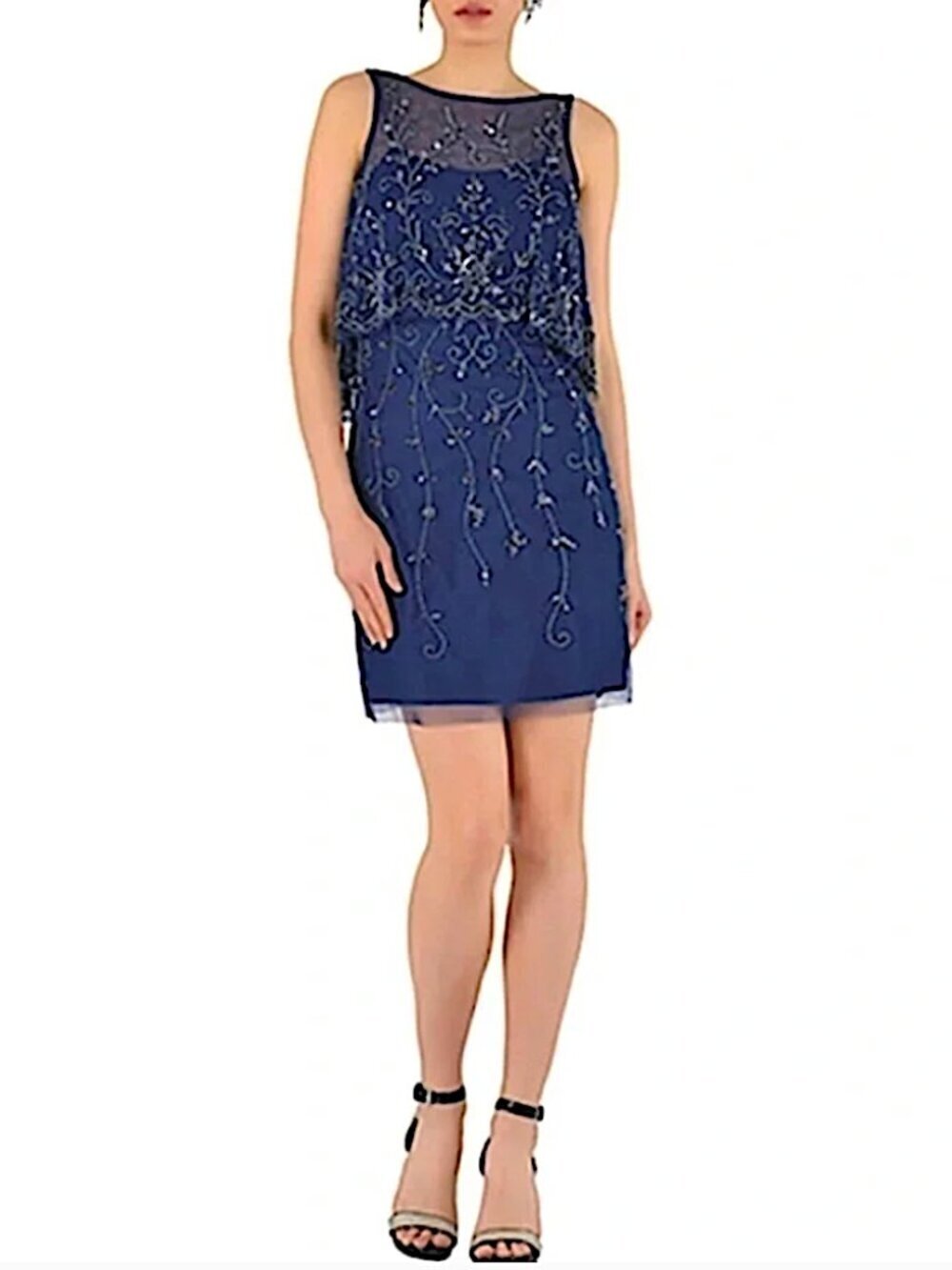 NEW AIDAN MATTOX Navy Beaded Illusion Overlay Sleeveless Cocktail Dress